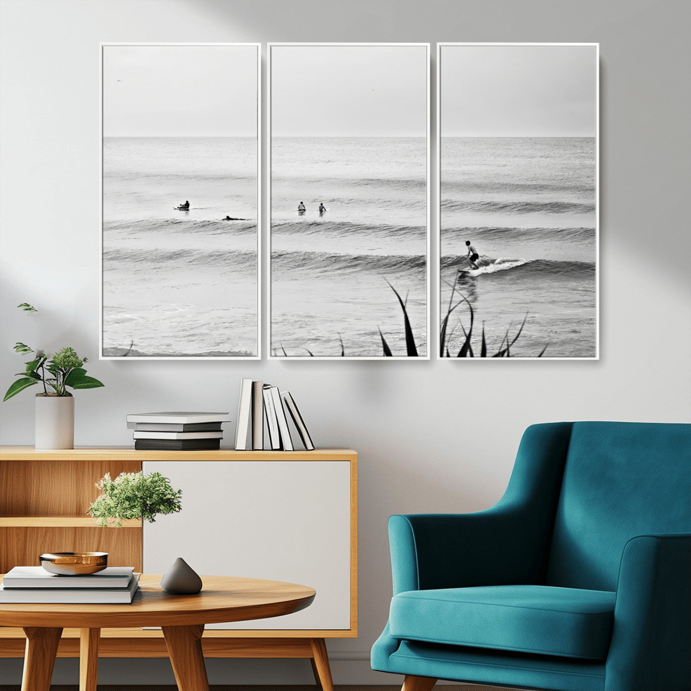 MGV-FC-48X32-3P - Surfer Silhouette Wall Art Canvas Print, Framed Calm Ocean Art Picture Print, Monochrome Surf Perfect Minimalist Coastal Decor Artwork