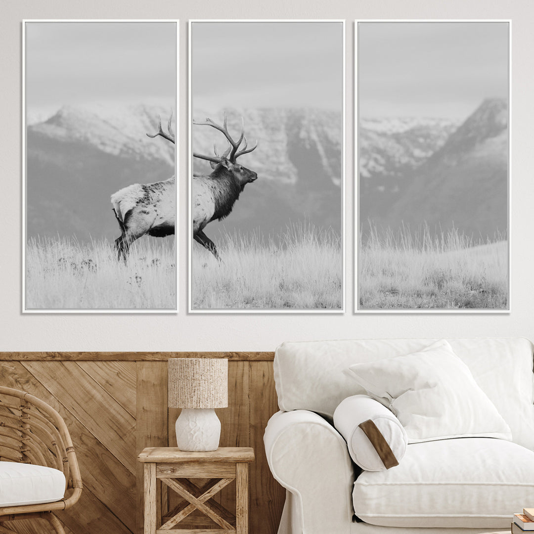 Rustic Elk Wall Art Canvas Print, Wildlife Antler Print, Framed Western Hunting Lodge Art Print, Large Mountain Nature Scene Printing Perfect for Japanese Decor