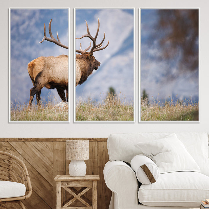 Rustic Elk Wall Art Canvas Print, Wildlife Antler Print, Framed Western Hunting Lodge Art Print