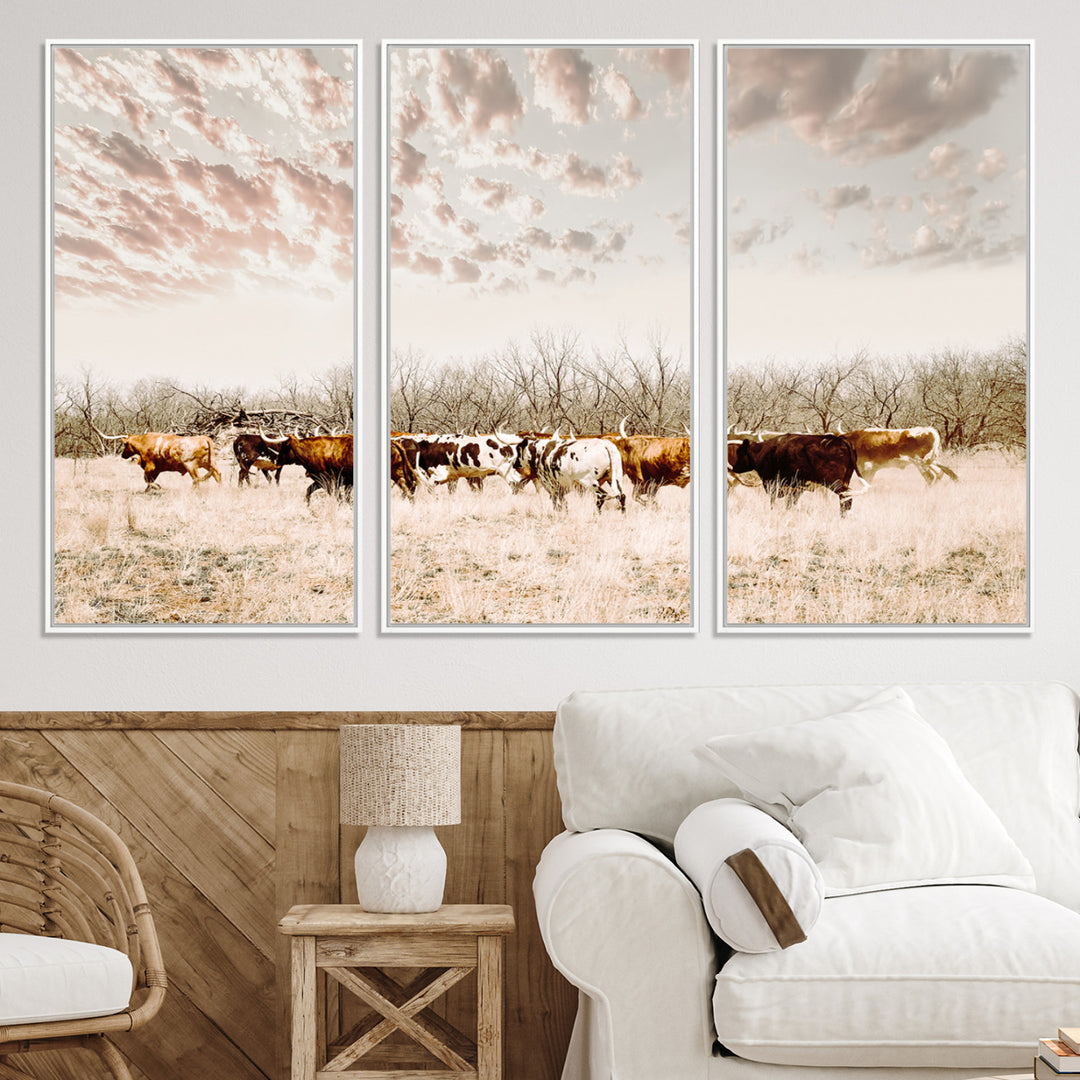 Longhorn Cattle Wall Art Canvas Print, Texas Ranch Print, Framed Western Cow Art Print, Large Prairie Landscape Printing Perfect for Western Decor