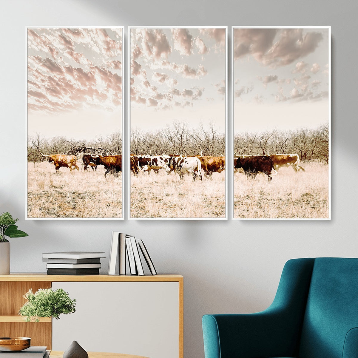 64892775-MGV-CV-24X16 - Longhorn Cattle Wall Art Canvas Print, Framed Texas Ranch Art, Western Cow Print, Prairie Landscape Decor