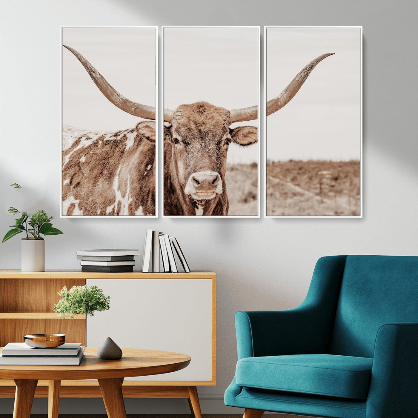 MGV-FC-48X32-3P - Longhorn Cow Wall Art Canvas Print, Framed Texas Ranch Art Picture Print, Western Bull Perfect County Decor Artwork