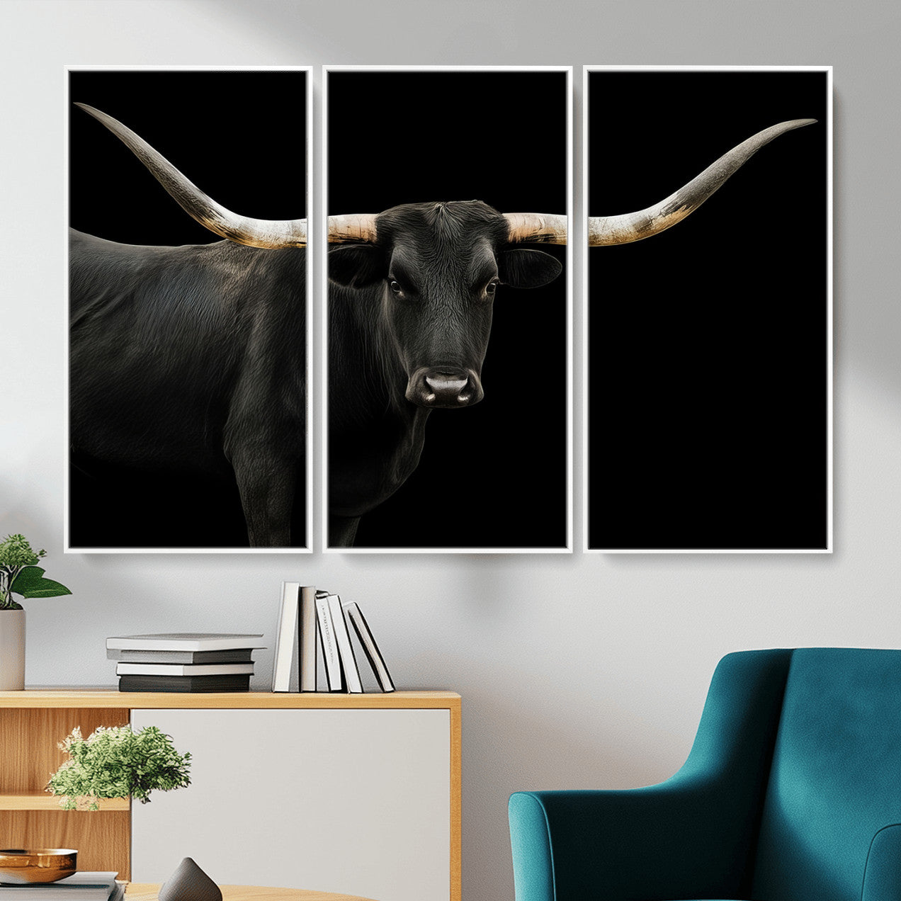 99448328-MGV-CV-36X24 - Longhorn Cattle Wall Art Canvas Print, Framed Texas Black Bull Art Picture Print, Western Cow Perfect Farmhouse Decor Artwork