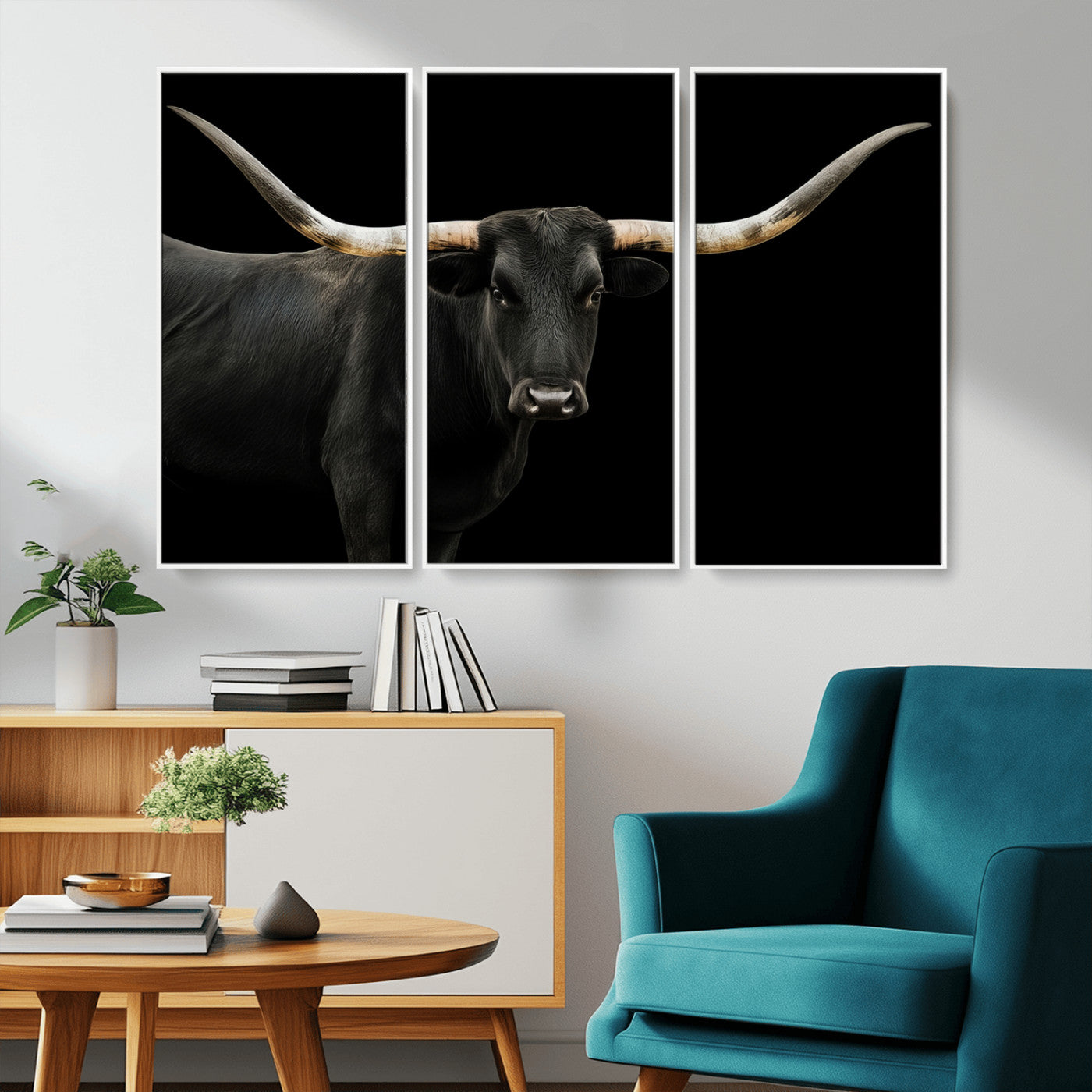 MGV-FC-48X32-3P - Longhorn Cattle Wall Art Canvas Print, Framed Texas Ranch Art Picture Print, Western Cow Perfect Farmhouse Decor Artwork