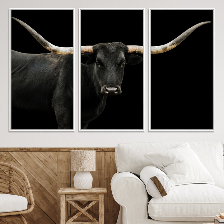 Black White Longhorn Bull Wall Art Canvas Print, Texas Ranch Print, Framed Western Cow Art Print for Farmhouse Decor - Longhorn Print