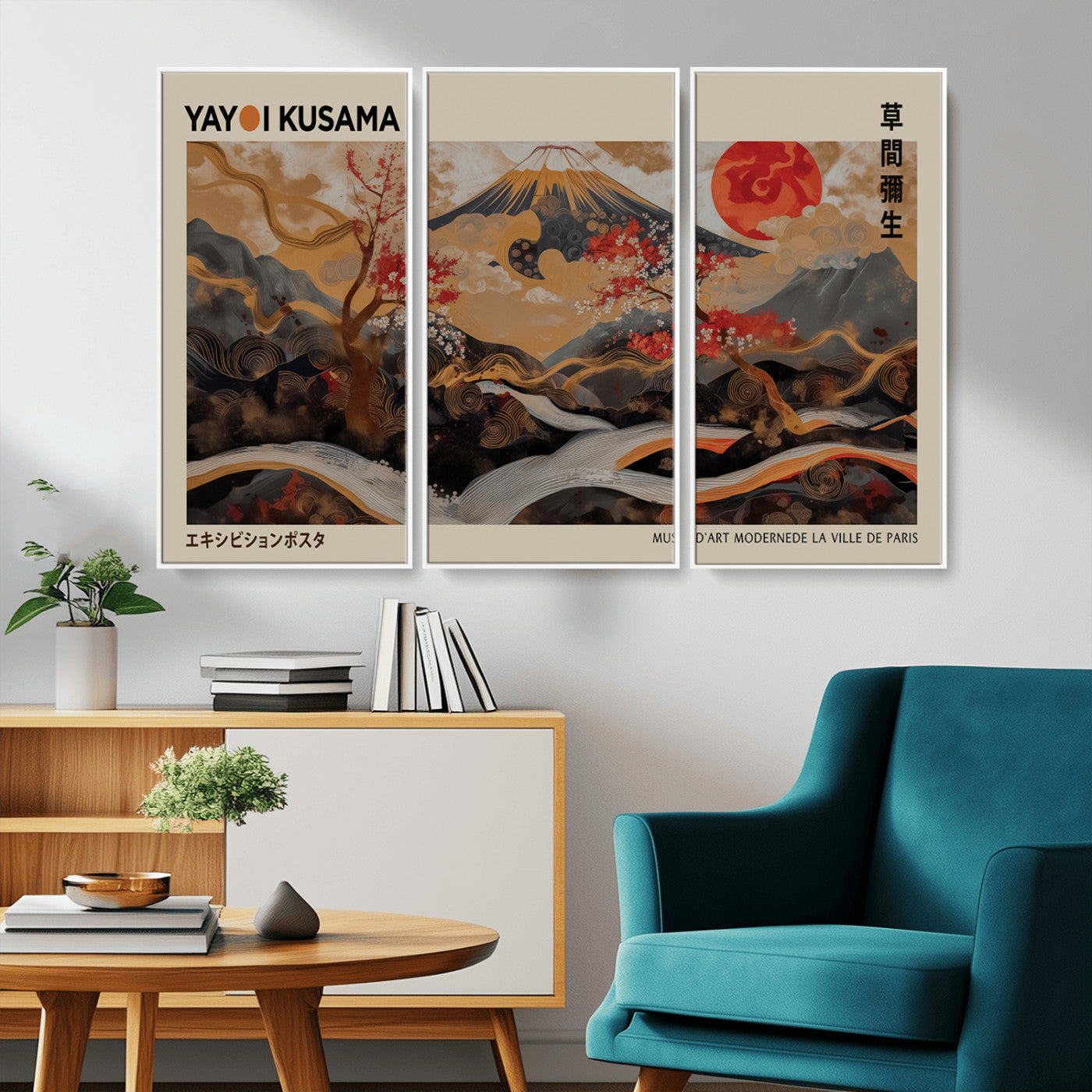 MGV-FC-48X32-3P - Modern Japanese Wall Art Print Yayoi Kusama Canvas Wall Art Abstract Mount Fuji Canvas Print