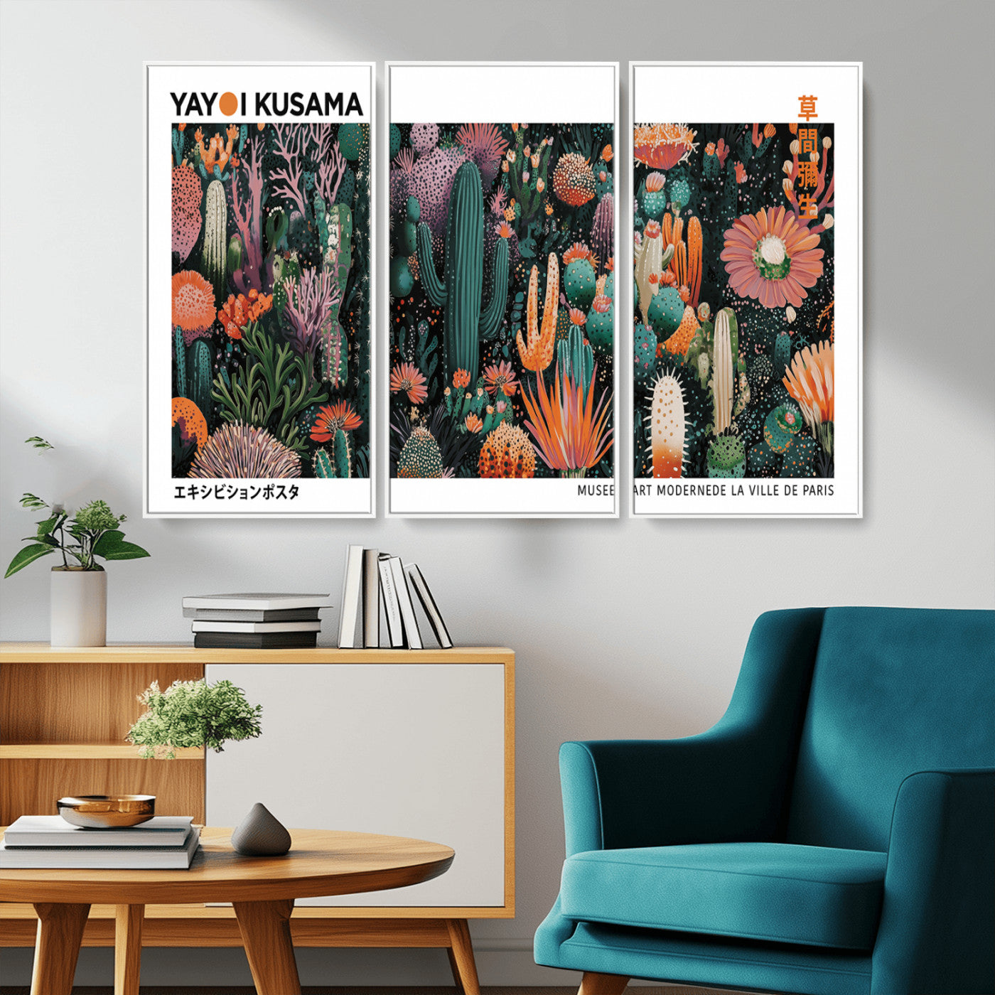 MGV-FC-48X32-3P - Modern Japanese Wall Art Print, Yayoi Kusama Print Wall Decor, Abstract Mount Fuji Canvas Print,