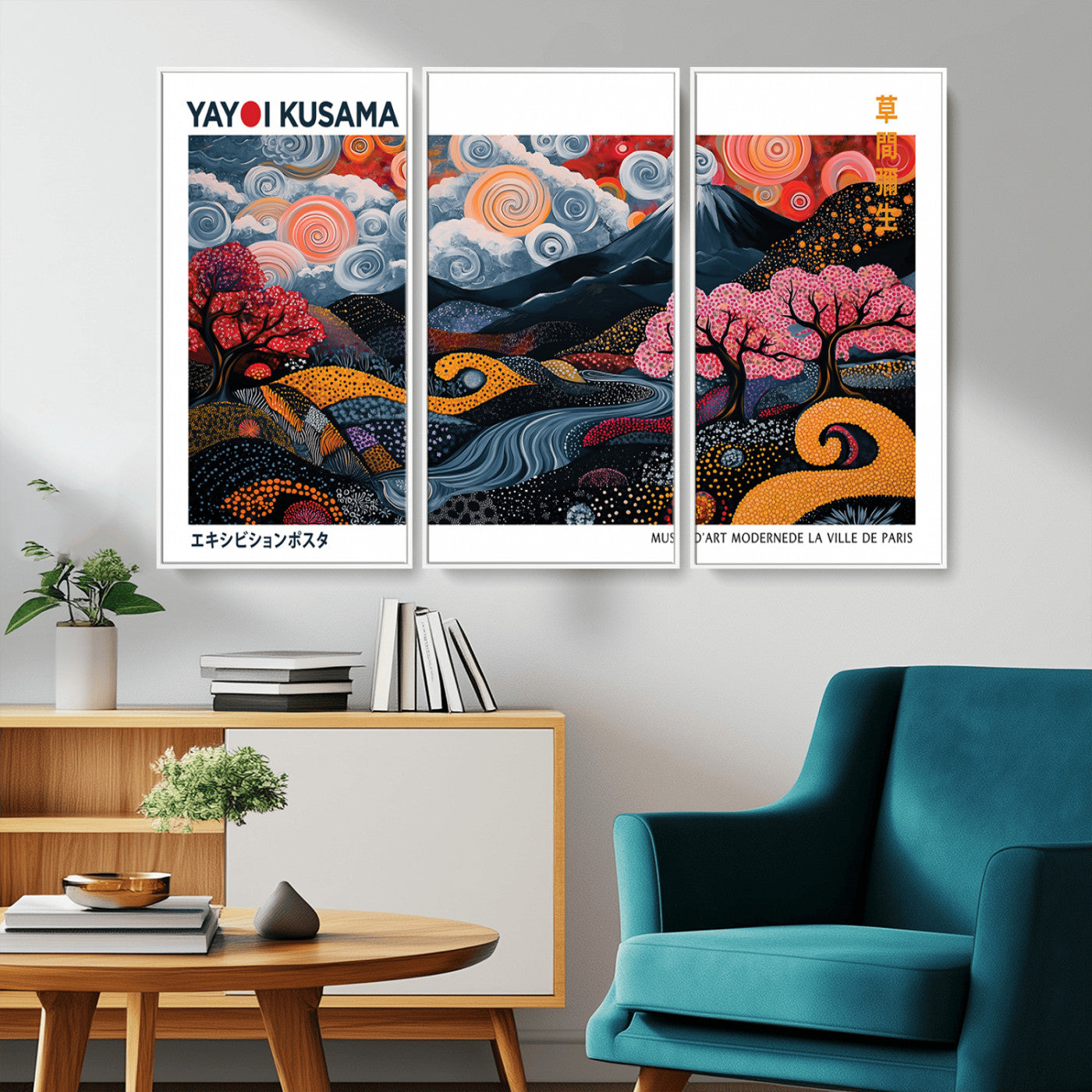 MGV-FC-48X32-3P - Modern Japanese Wall Art Print Yayoi Kusama Canvas Wall Art Abstract Mount Fuji Canvas Print