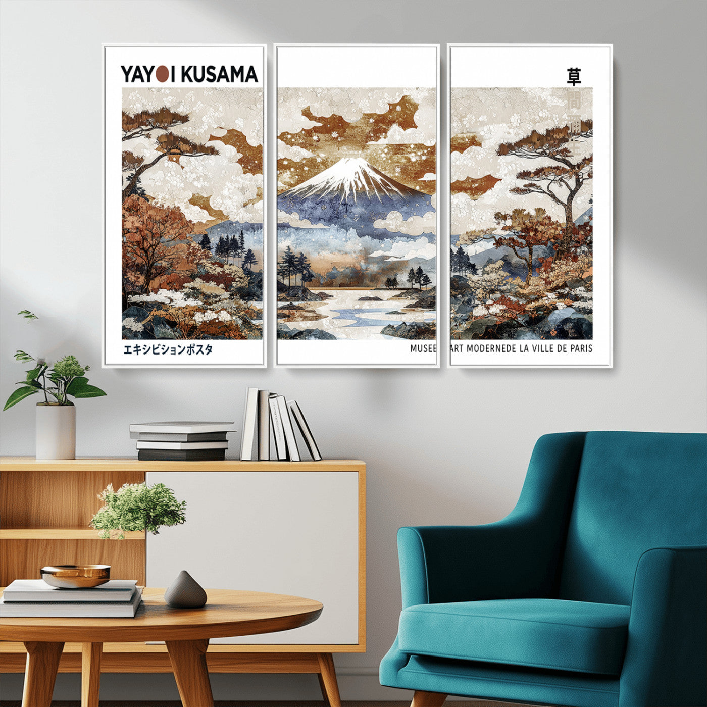 MGV-FC-48X32-3P - Modern Japanese Mount Fuji Canvas Print, Yayoi Kusama Canvas Wall Art, Abstract Mount Fuji Canvas