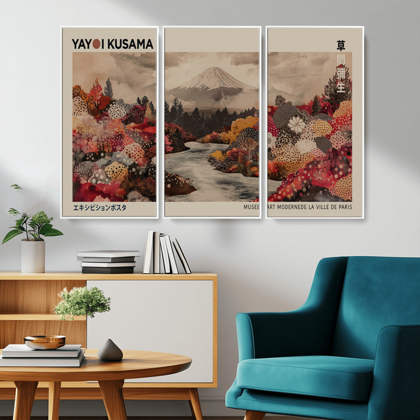 MGV-FC-48X32-3P - Modern Japanese Wall Art Print Yayoi Kusama Canvas Wall Art Abstract Mount Fuji Canvas Print