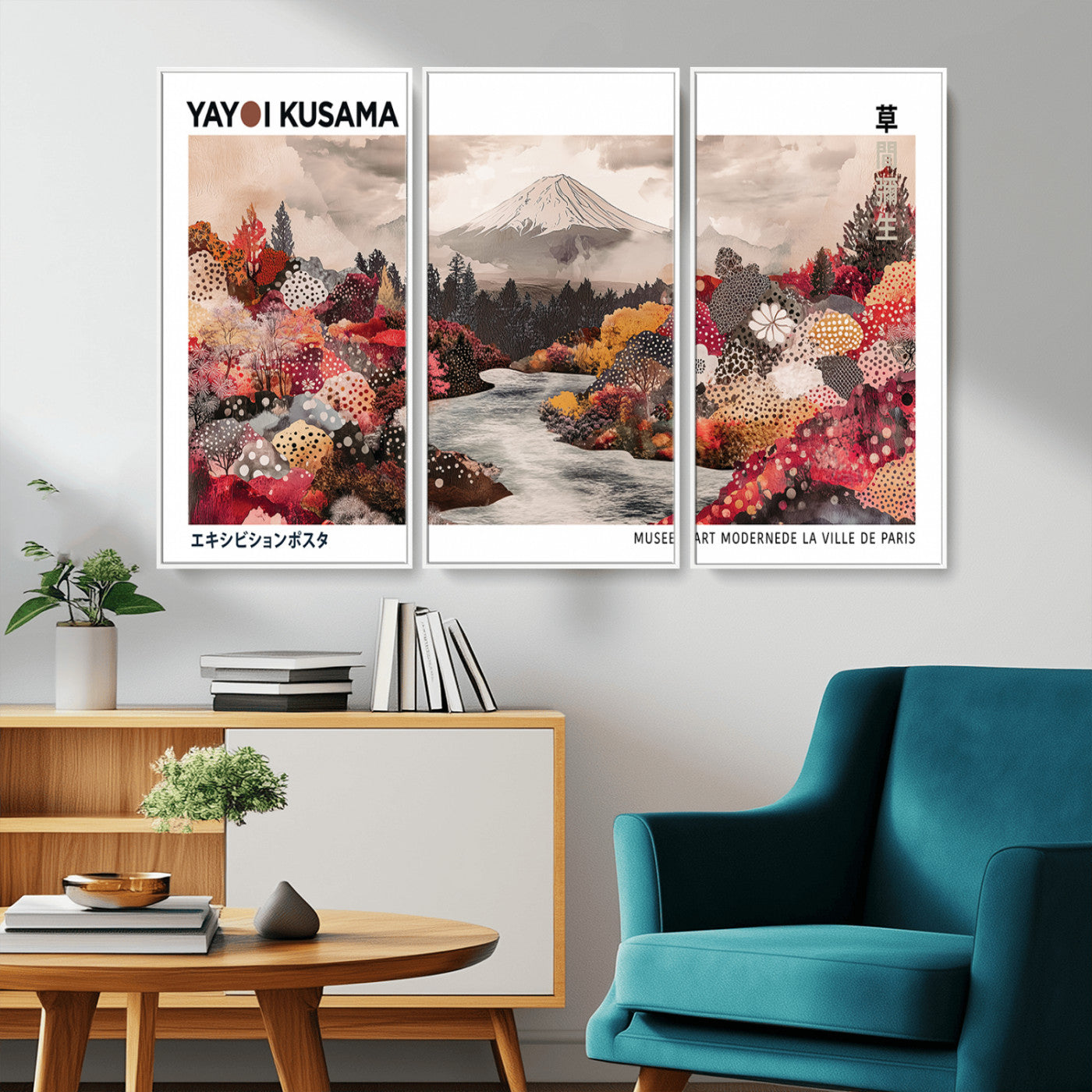 MGV-FC-48X32-3P - Modern Japanese Wall Art Print, Yayoi Kusama Canvas Wall Art, Abstract Mount Fuji Art Canvas Print,