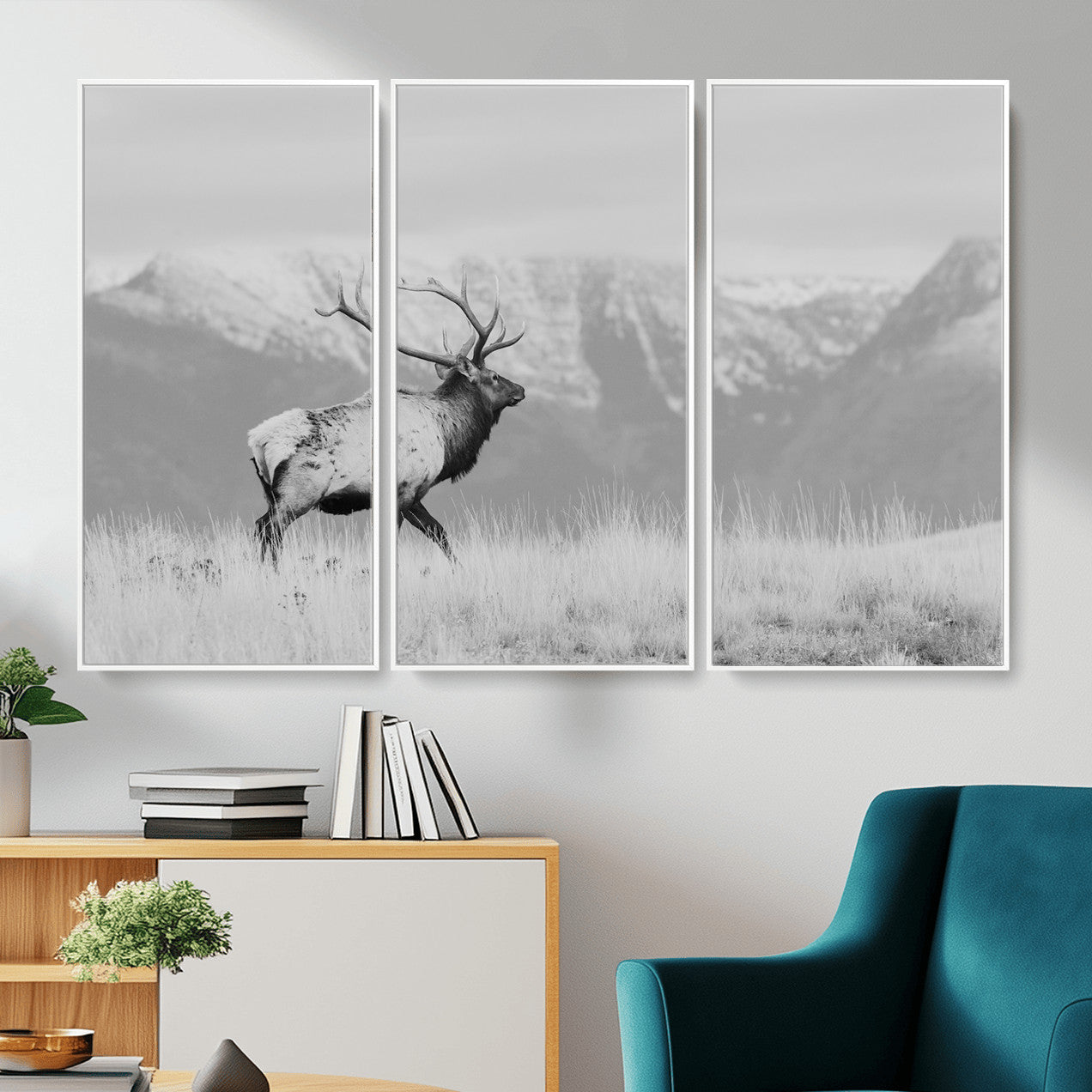 36150391-MGV-FC-48X32-3P - Wall Art Canvas Print – Majestic Elk Black & White Wilderness, Scenic Mountain and Grassland Landscape, Wildlife Nature Decor for Home or Office