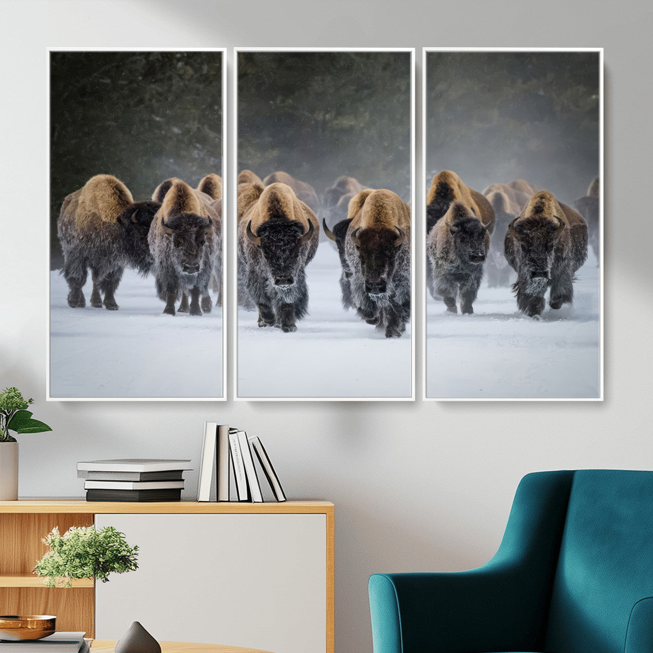 41669135-MGV-CV-36X24 - Winter Bison Herd Wall Art – Majestic Buffalo Charge Canvas Print with Snow Covered Plains, Rustic Wildlife Strength and Untamed Nature Decor for Home and Office
