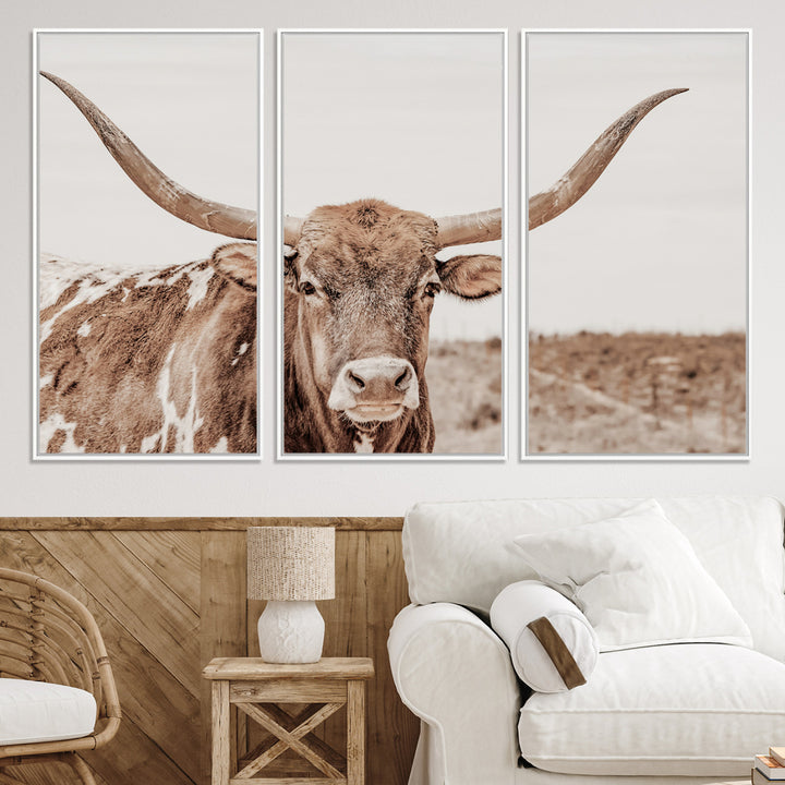 Longhorn Bull Photo Wall Art Canvas Print, Framed Rustic Cow Art Picture Print, Neutral Farmhouse Perfect Rustic Neutral Farmhouse Decor