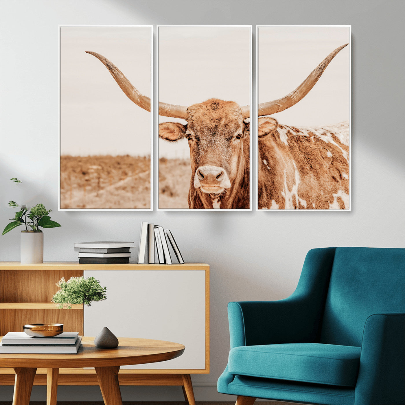 MGV-FC-48X32-3P - Longhorn Bull Wall Art Canvas Print, Framed Western Cow Art Picture Print, Rustic Farmhouse Perfect Neutral Farmhouse Decor Artwork
