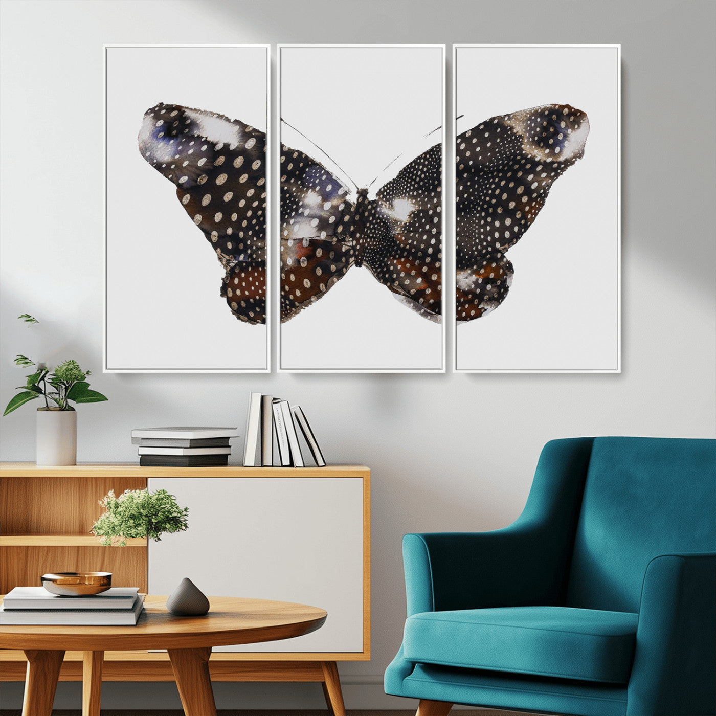 MGV-FC-48X32-3P - Spotted Butterfly Wall Art Canvas Print, Framed Neutral Insect Theme Art Picture Print, Earthy Wing Pattern Perfect Modern Rustic Decor Artwork