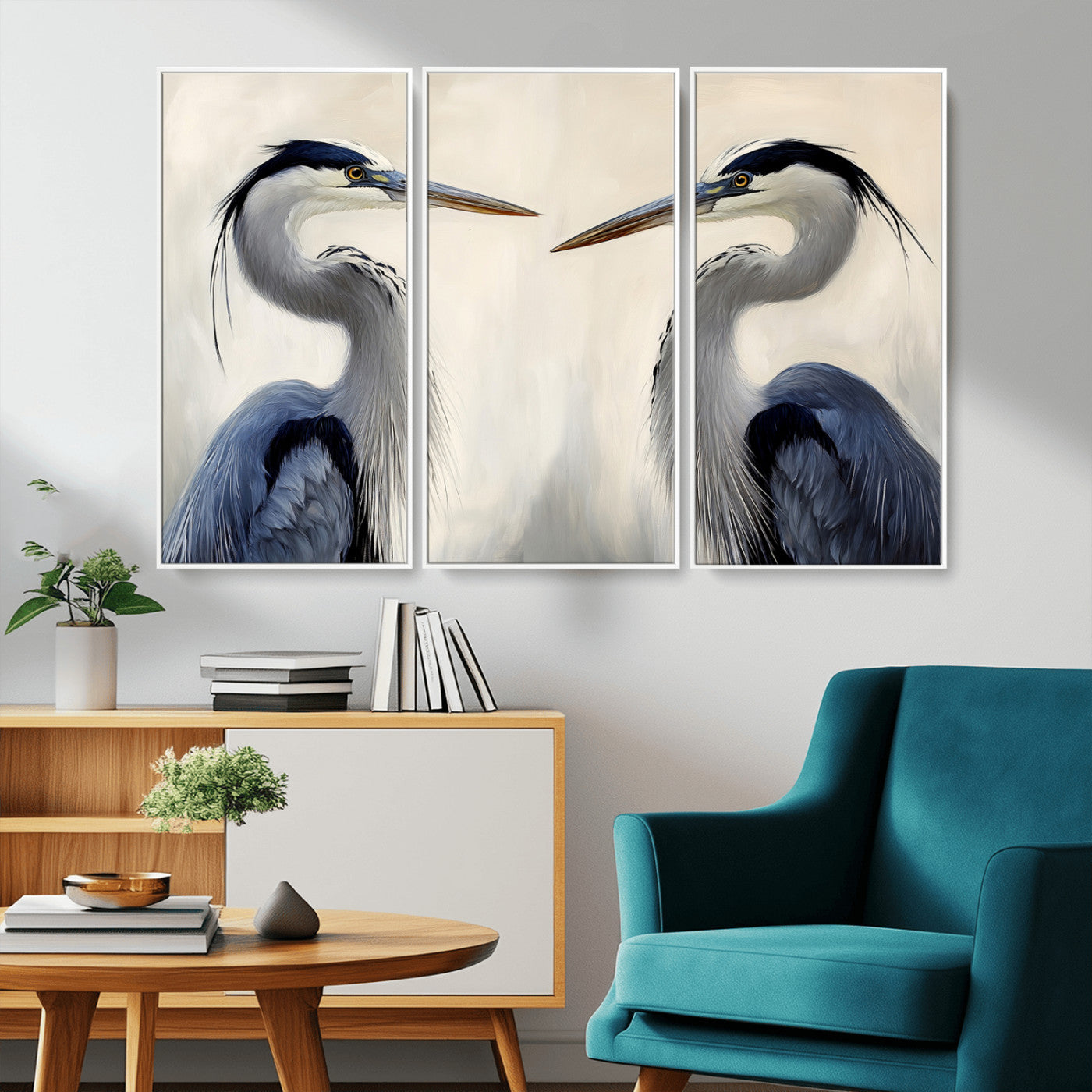 MGV-FC-48X32-3P - Blue Heron Pair Wall Art Canvas Print, Framed Coastal Bird Theme Art Picture Print, Tranquil Wildlife Scene Perfect Coastal Minimalist Decor Artwork