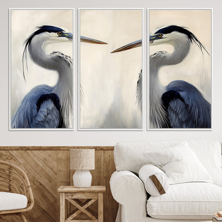 Blue Heron Pair Wall Art Canvas Print, Coastal Bird Theme Print, Framed Tranquil Wildlife Scene Art Print, Large Nature Inspired Decor Printing