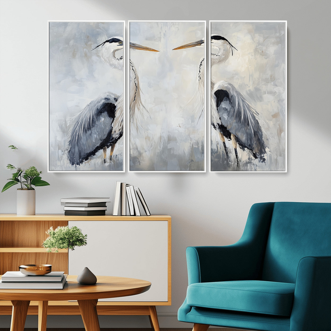 MGV-FC-48X32-3P - Heron Wall Art Wall Art Canvas Print, Framed Bird Canvas Decor Art Picture Print, Nature Inspired Perfect Coastal Minimalist Decor Artwork
