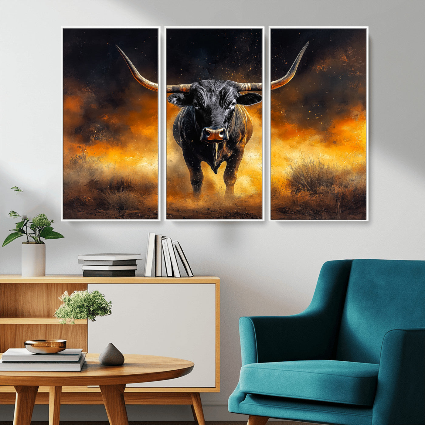 MGV-FC-48X32-3P - Longhorn Canvas Wall Art Canvas Print, Framed Bold Bull Wall Art Art Picture Print, Western Animal Decor Perfect Western Dramatic Decor Artwork