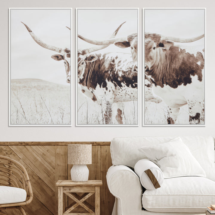 Longhorn Wall Art Wall Art Canvas Print, Western Cow Canvas Print, Framed Rustic Farm Decor Art Print, Large Neutral Animal Scene Printing