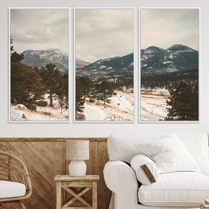 Mountain Landscape Wall Art Canvas Print, Framed Snowy Peaks Art Picture Print, Alpine Aesthetic Perfect Rustic Winter Decor Artwork