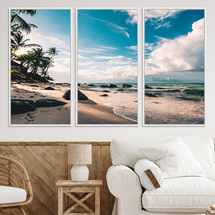 Tropical Beach Wall Art Canvas Print, Framed Ocean Waves Art Picture Print, Relaxing Seascape Perfect Tropical Coastal Decor Artwork