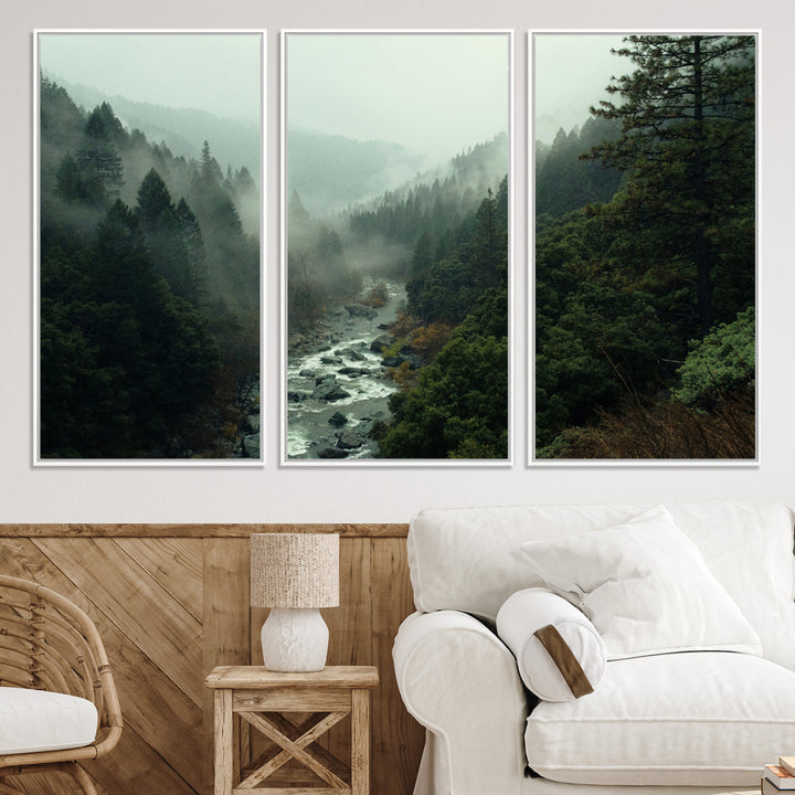 Misty Forest Wall Art Canvas Print, Framed Foggy River Art Picture Print, Moody Landscape Perfect Wilderness Decor Artwork