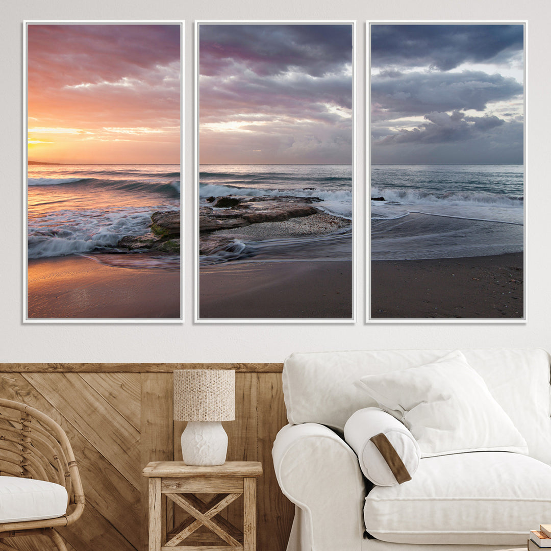 Golden Hour Wall Art Canvas Print, Framed Tranquil Waves Art Picture Print, Beach Perfect Coastal Serenity Decor Artwork