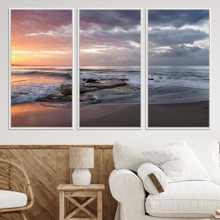Golden Hour Wall Art Canvas Print, Framed Tranquil Waves Art Picture Print, Beach Perfect Coastal Serenity Decor Artwork