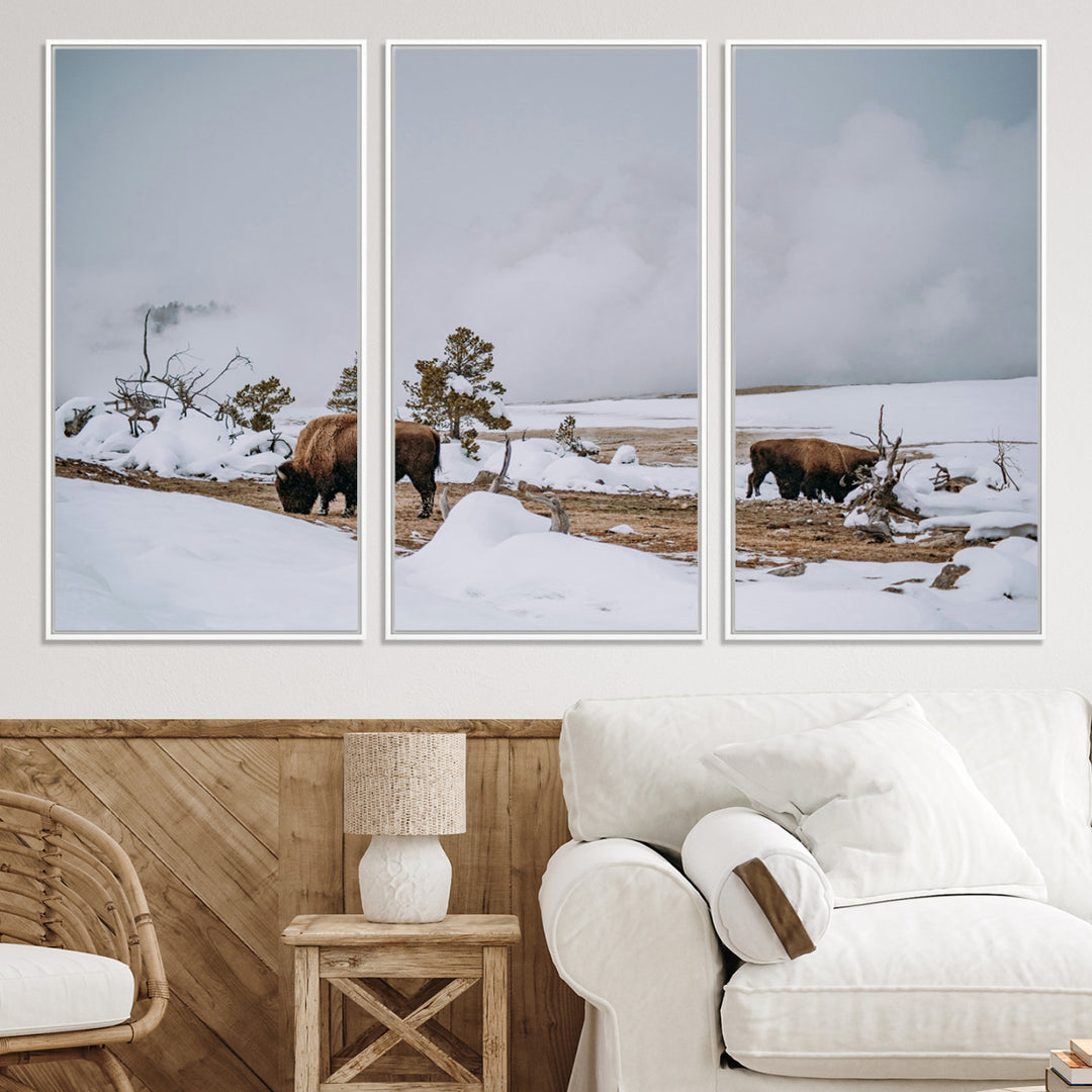 Bison Wildlife Wall Art Canvas Print, Framed Snowy Prairie Art Picture Print, Western Perfect Rustic Decor Artwork