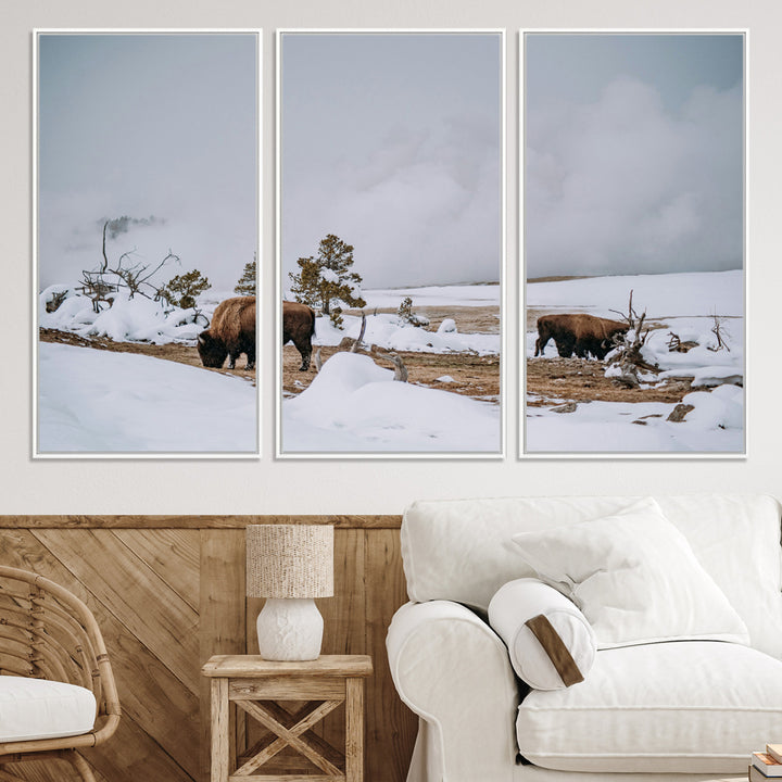 Bison Wildlife Wall Art Canvas Print, Framed Snowy Prairie Art Picture Print, Western Perfect Rustic Decor Artwork
