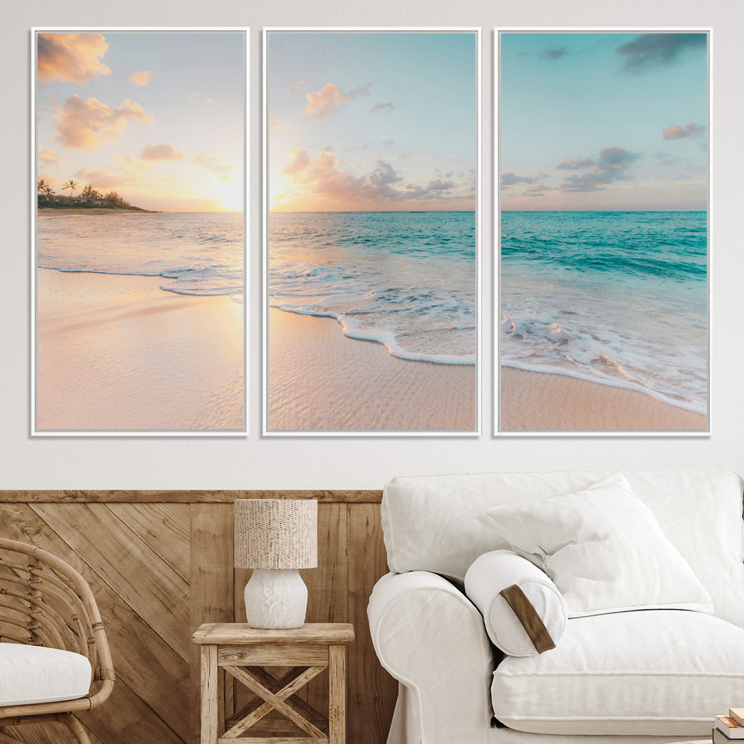 Beach Sunset Wall Art Canvas Print, Framed Ocean Waves Art Picture Print, Summer Escape Perfect Coastal Decor Artwork