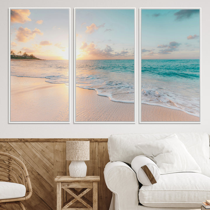 Beach Sunset Wall Art Canvas Print, Framed Ocean Waves Art Picture Print, Summer Escape Perfect Coastal Decor Artwork