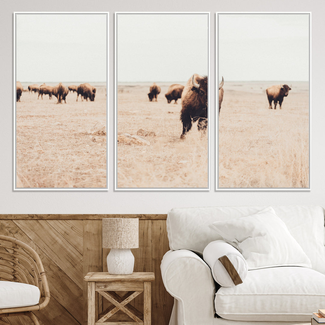 Bison Herd Wall Art Canvas Print, Framed Western Art Picture Print, Prairie Serenity Perfect Ranch Decor Artwork