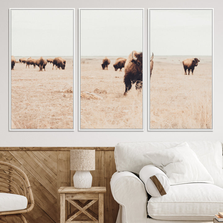 Bison Herd Wall Art Canvas Print, Framed Western Art Picture Print, Prairie Serenity Perfect Ranch Decor Artwork