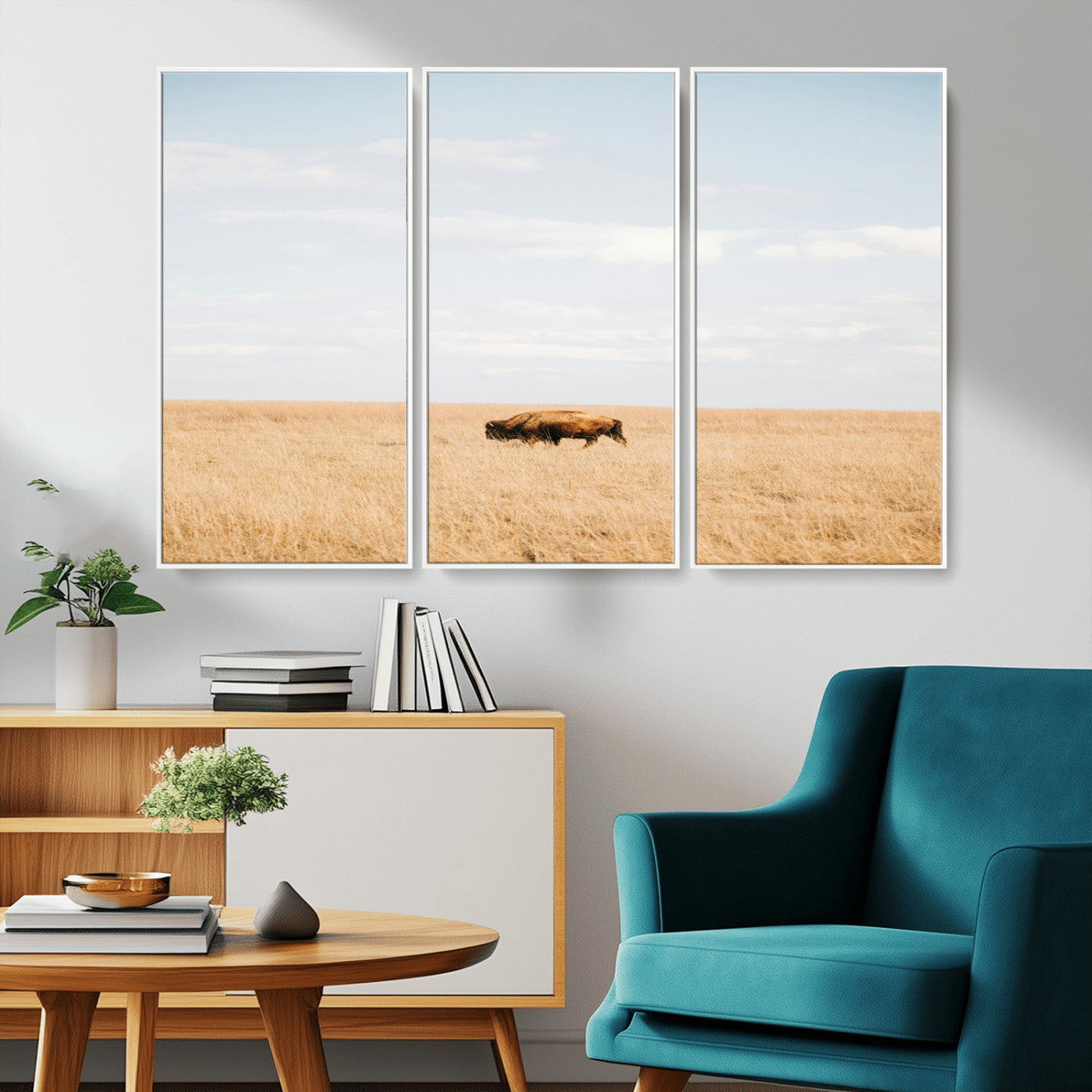 MGV-FC-48X32-3P - Minimalist Nature Wall Art Canvas Print, Framed Bison In Grassland Art Picture Print, Open Field Perfect Modern Ranch Decor Decor Artwork