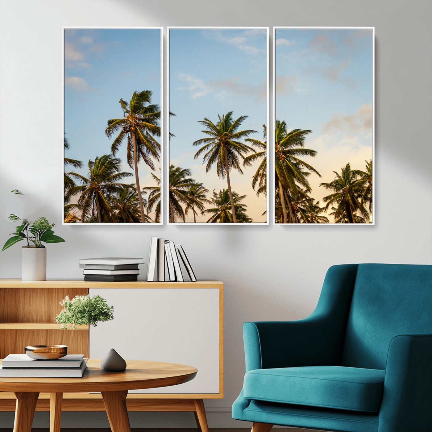 MGV-FC-48X32-3P - Palm Trees Wall Art Canvas Print, Framed Tropical Vibes Art Picture Print, Coastal Sunset Perfect Coastal Boho Decor Artwork