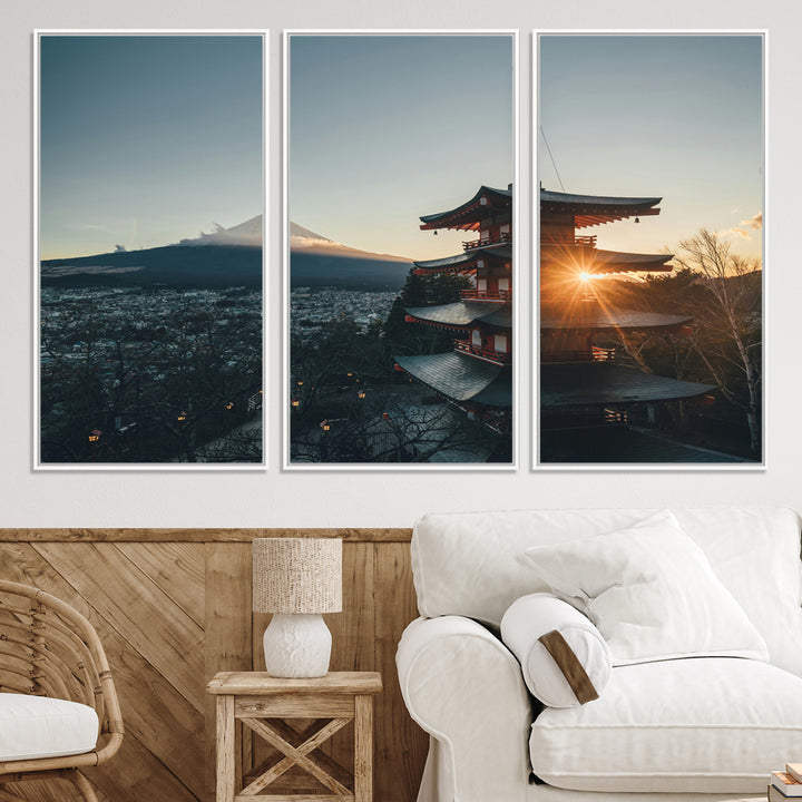Chureito Pagoda at sunset with Mount Fuji in the background, city lights below, and golden sun rays, ideal for Japanese-inspired wall art.