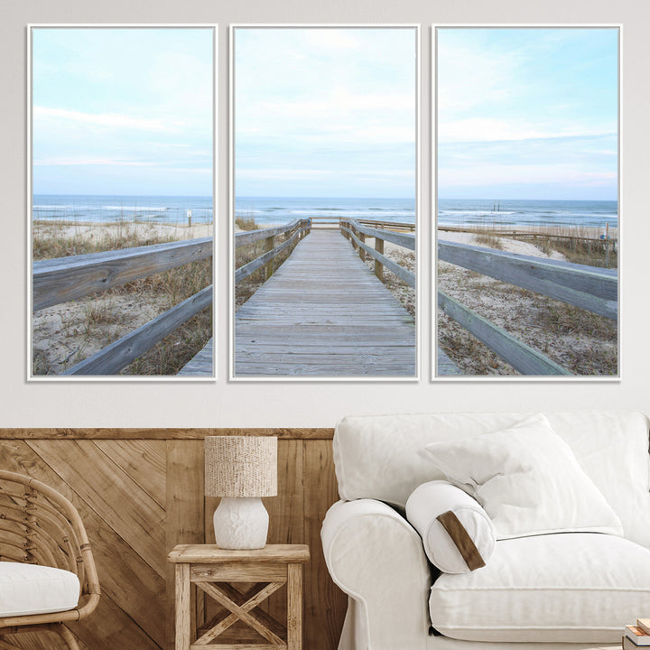 Beach Boardwalk Wall Art Canvas Print, Framed Coastal Serenity Art Picture Print, Ocean View Perfect Coastal Decor Artwork