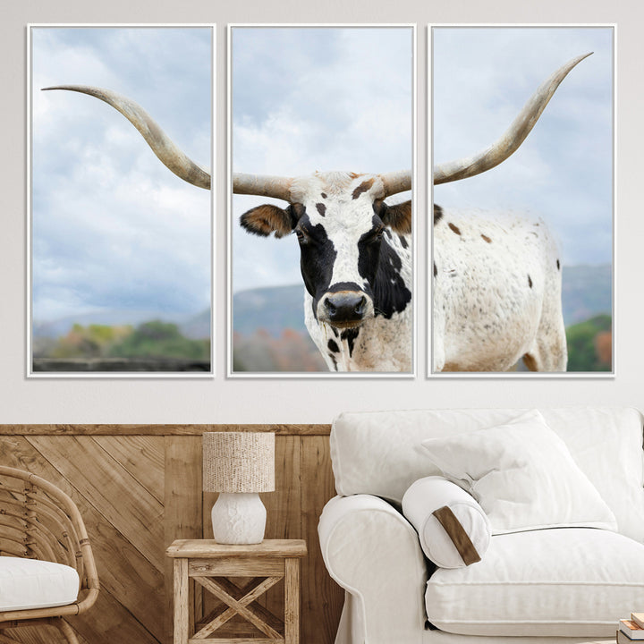 Texas Longhorn Wall Art Canvas Print, Framed Western Rustic Art Picture Print, Farmhouse Decor Perfect Farmhouse Decor Artwork