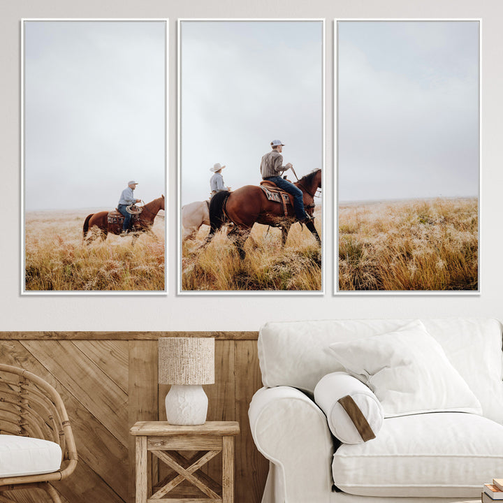 Three cowboys riding horses through a foggy prairie landscape, dressed in Western attire, evoking a rustic and adventurous Wild West aesthetic.