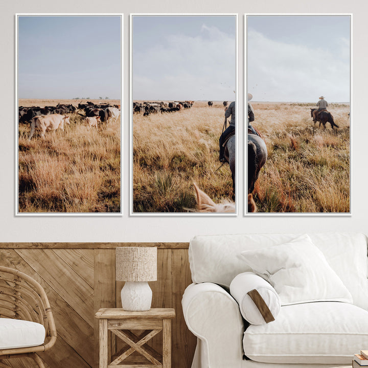 A cowboy and cowgirl on horseback herding cattle through golden grasslands, capturing a rustic and authentic Western ranch lifestyle.