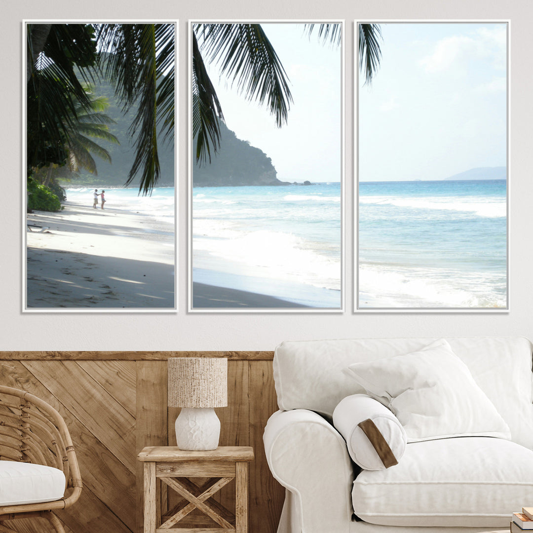 Tropical beach with palm tree shadows, white sand, and turquoise ocean waves, creating a serene and relaxing island escape atmosphere.