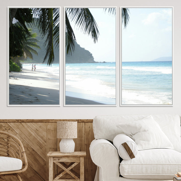 Tropical beach with palm tree shadows, white sand, and turquoise ocean waves, creating a serene and relaxing island escape atmosphere.