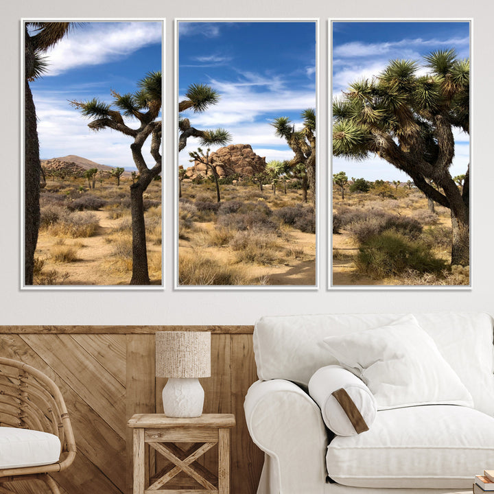 Scenic Joshua Tree landscape with rugged desert terrain, golden dry grass, and a deep blue sky, creating a warm, rustic Southwestern aesthetic.