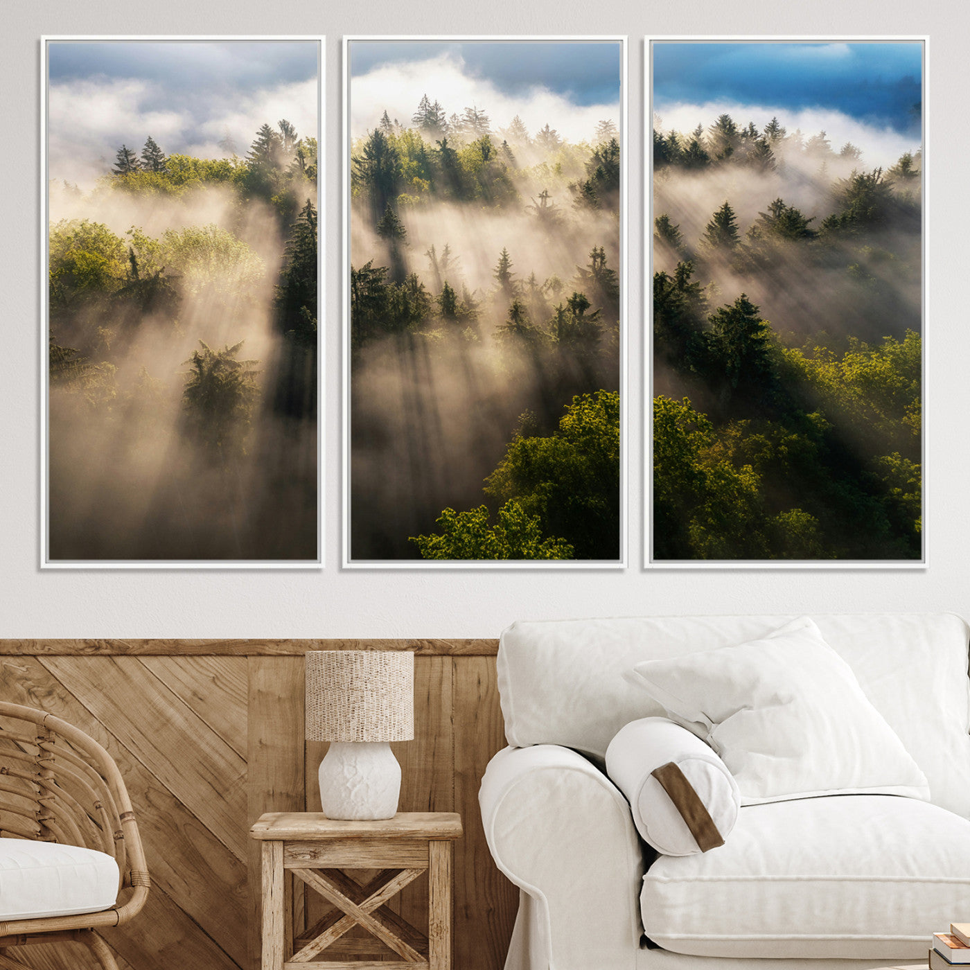 14785710-MGV-CV-36X24-Tranquil Forest Scene Wall Art Canvas Print, Framed Sunbeam Through Trees Art Picture Print, Moody Green Wall Art Perfect Scandinavian