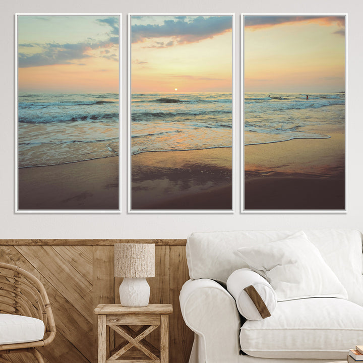 Warm sunset over gentle ocean waves with pastel sky and reflections on wet sand, creating a calm and soothing beach ambiance.