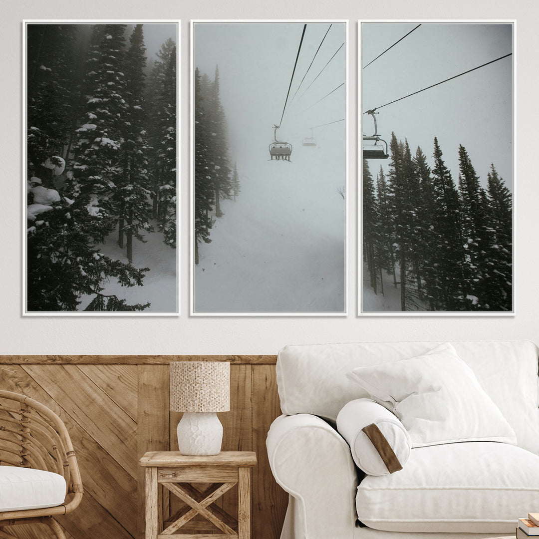 Ski Lift Wall Art Canvas Print, Framed Snowy Pines Art Picture Print, Misty Landscape Perfect Winter Serenity Decor Artwork
