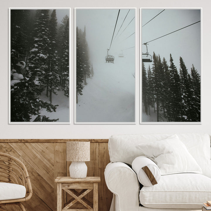 Ski Lift Wall Art Canvas Print, Framed Snowy Pines Art Picture Print, Misty Landscape Perfect Winter Serenity Decor Artwork